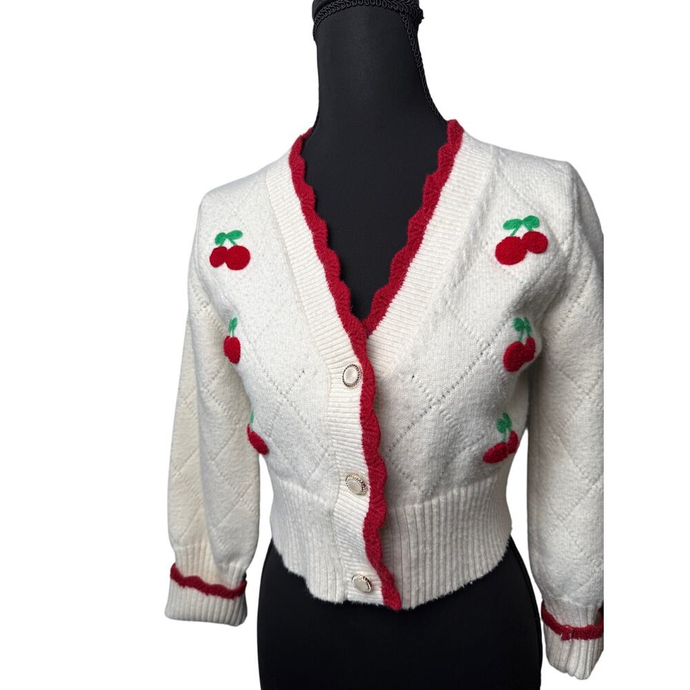 Cider Cherry Embroidered Pointelle Cardigan SM Pearl Buttons Rockabilly Retro